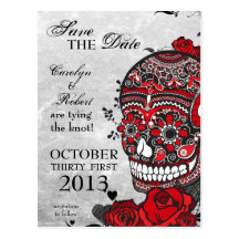 Tattoo Roses and Sugar Skull Save the Date Postcards