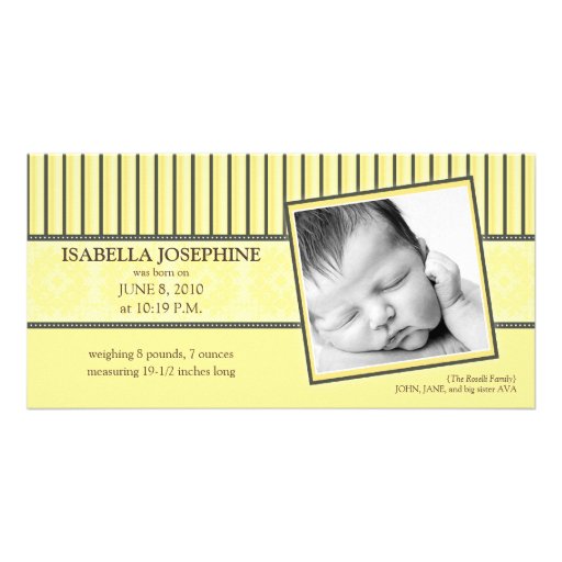 {TBA} Damask & Stripes Lemon  Birth Announcement Personalised Photo Card