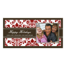 {TBA} Elegant Brown & Red Damask Happy Holidays Customized Photo Card