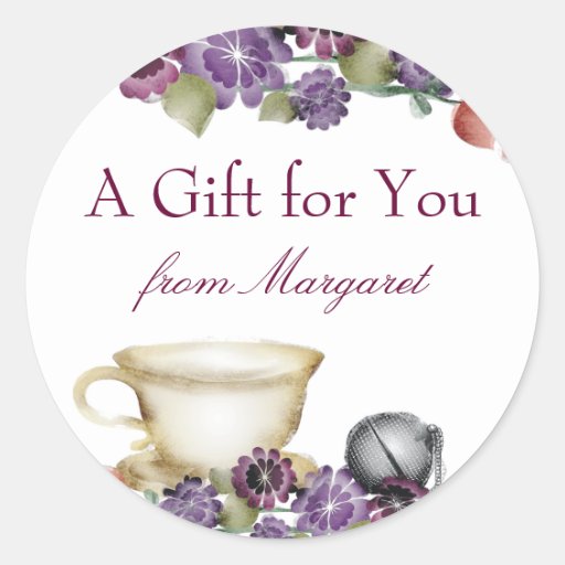 tea brewing ball teacup flowers gift tag sticke... round sticker