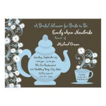 Tea Party Bridal Shower Blue and Brown Custom Invite