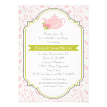 Tea party teapot, pisley pink green bridal shower invites