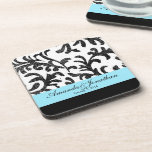 Teal and Black Floral Damask Pattern Drink Coasters