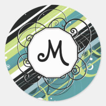 Teal and Lime Modern-Retro Stripes with Monogram Round Sticker