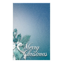 Teal and White Merry Christmas Ornaments Ribbons Stationery Paper