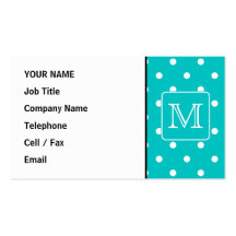 Teal and White Polka Dot Pattern. Custom Monogram. Business Card Template