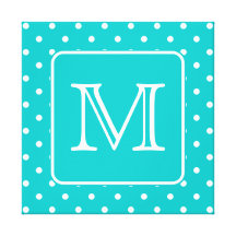 Teal and White Polka Dot Pattern. Custom Monogram. Canvas Print