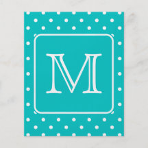 Teal and White Polka Dot Pattern. Custom Monogram. Full Colour Flyer