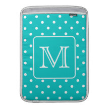 Teal and White Polka Dot Pattern. Custom Monogram. Sleeve For MacBook Air