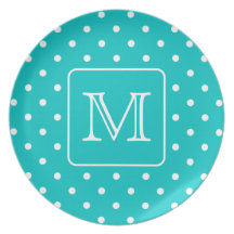 Teal and White Polka Dot Pattern. Custom Monogram. Party Plate