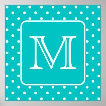 Teal and White Polka Dot Pattern. Custom Monogram. Print
