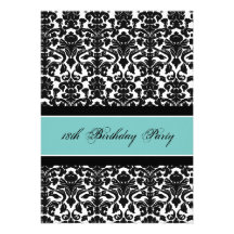 Teal Black Damask 18th Birthday Party Invitations