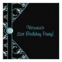 Teal Black Damask Womans 21st Birthday Party Announcement
