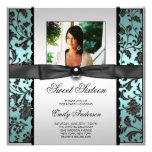 Teal Blue Black Damask Photo Sweet 16 Party Announcement