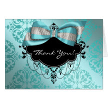 Teal Blue Black Damask Thank You Card