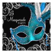 Teal Blue Black Masquerade Party Personalised Invitations