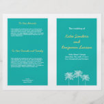 Teal blue block palm trees summer wedding program flyer design
