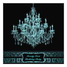 Teal Blue Chandelier Womans 21st Birthday Party Invitations