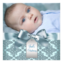 Teal Blue Damask Baby Boy Photo Christening Personalised Invite