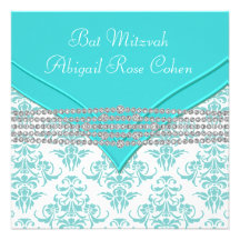 Teal Blue Damask Bat Mitzvah Announcement