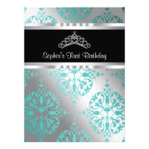 Teal Blue Damask Tiara Princess First Birthday Par Custom Announcements