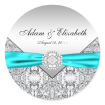 Teal Blue Diamond Wedding Favour Labels Round Stickers