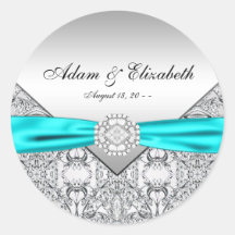 Teal Blue Diamond Wedding Favour Labels Round Stickers