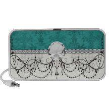 teal blue green distressed damask travelling speakers