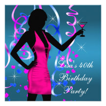 Teal Blue Hot Pink 40th Birthday Party Personalized Invite