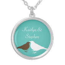 Teal blue love birds pair keepsake chain jewellery necklaces