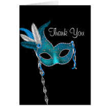 Teal Blue Masquerade Party Thank You Cards