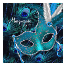 Teal Blue Peacock Mask Masquerade Party Personalised Invites