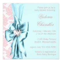 Teal Blue Pink Damask Bow Elegant Baby Girl Shower Invite