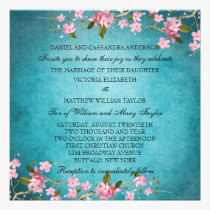 Teal Blue Pink Japanese Cherry Blossoms Wedding invitations