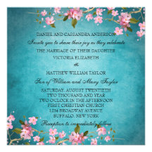 Teal Blue Pink Japanese Cherry Blossoms Wedding Personalised Invites