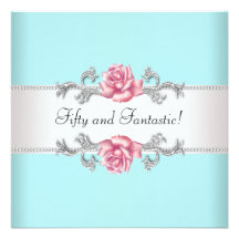 Teal Blue Pink Roses Womans 50th Birthday Party Invite