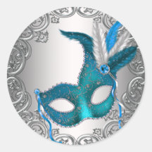 Teal Blue Silver Mask Masquerade Envelope Seal Fav Round Stickers