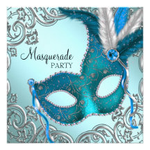 Teal Blue Silver Mask Masquerade Party Invites