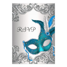 Teal Blue Silver Mask Masquerade Party RSVP Personalized Announcements