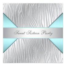 Teal Blue Silver Zebra Sweet 16 Party Custom Announcement