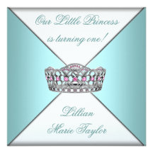 Teal Blue Tiara Princess First Birthday Party Announcements