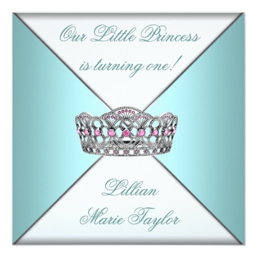 Teal Blue Tiara Princess First Birthday Party Announcements