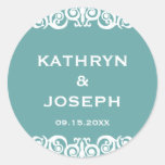 Teal blue Victorian scroll wedding favour label Round Stickers
