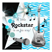 Teal Blue Zebra Rockstar Baby Boy Shower Custom Invite