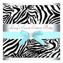 Teal Blue Zebra Sweet Sixteen Birthday Party Invit Custom Announcements