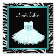 Teal Blue Zebra Sweet Sixteen Birthday Party Invitation