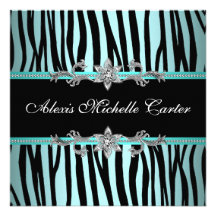 Teal Blue Zebra Sweet Sixteen Birthday Party Custom Announcement
