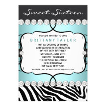 Teal Blue Zebra Sweet Sixteen Birthday Party Invitations