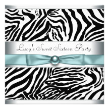 Teal Blue Zebra Sweet Sixteen Birthday Party Invitations