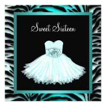 Teal Blue Zebra Sweet Sixteen Birthday Party Personalized Invitations